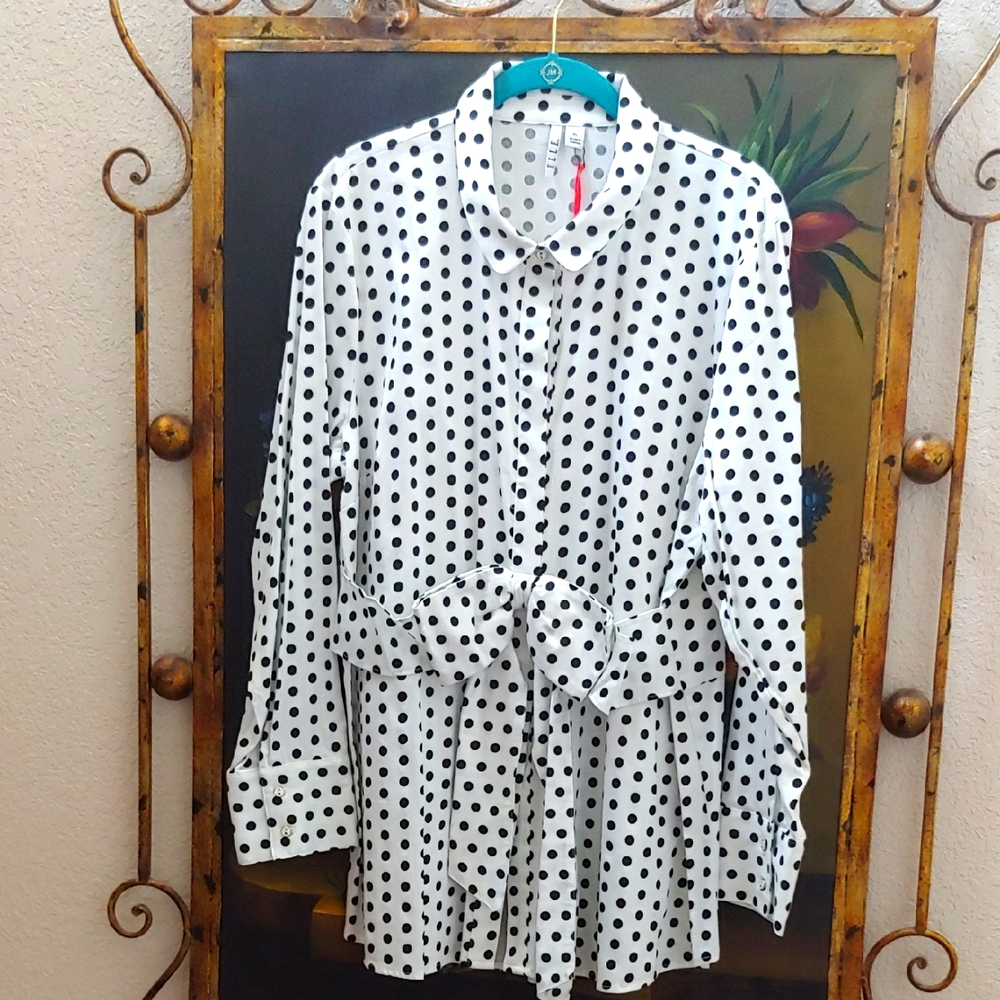 Cotton Polkadot Blouse with Snap-on Bow, 97% Cotton, P2P 23 in.